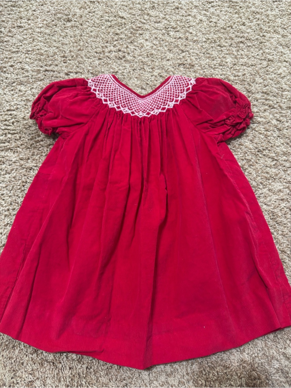Girls' Red Velvet Smocked Neck Puff Sleeve Dress